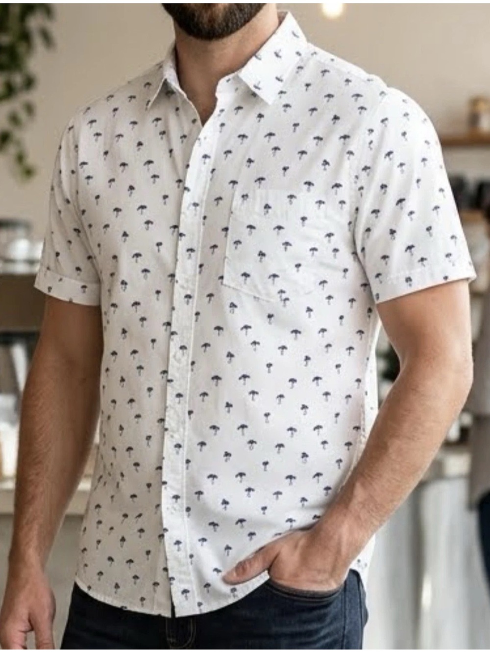 Monument Flamingo Print Mens Short Sleeve Shirt Button Up White Size Medium [471